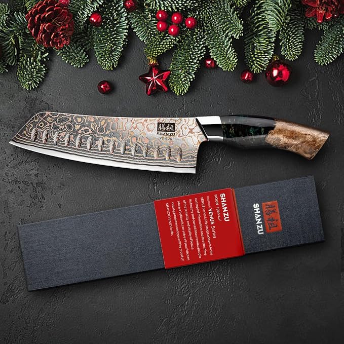 SHAN ZU Damascus Santoku Knife 7 inch, Japanese Kitchen Knives Copper & Damascus Steel High Carbon 33 Layer Hand Forged Ultra Sharp Utility Chef Knife Professional Carving Knife with Maple Wood Handle