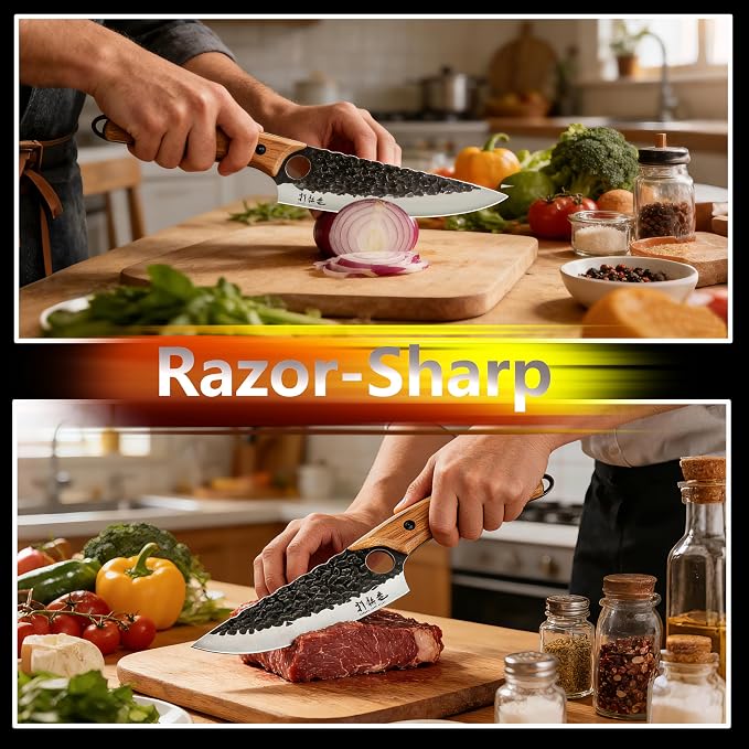 HAMMER IRON ALLEY Japanese Chef Knife, HIA 5.7 inch Sharp Kitchen Knife with Sheath, Hand Forged Butcher Viking Cleaver Knife for Meat Cutting, Home, Camping, BBQ, Black