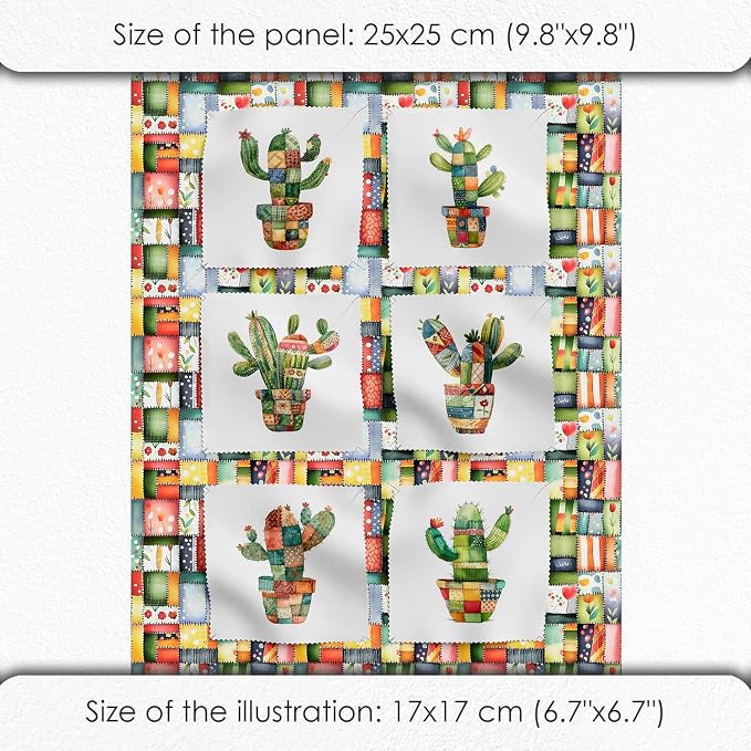 Patchwork Cactus Cotton Fabric Panel – Six 10×10 inch Designs + Bonus 29.5×19.6 inch Patchwork Sheet, 100% Turkish Cotton 140 GSM