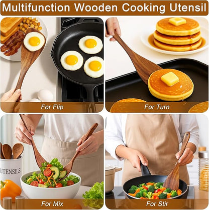 Jilla-hla Wooden Spatula Nonstick Turner Acacia Wood, Left Long Handle Flat Frying Spatulas Handmade for Kitchen Gifts, Ideal Cookware Utensils for Cooking Eggs, Fish, Pancakes