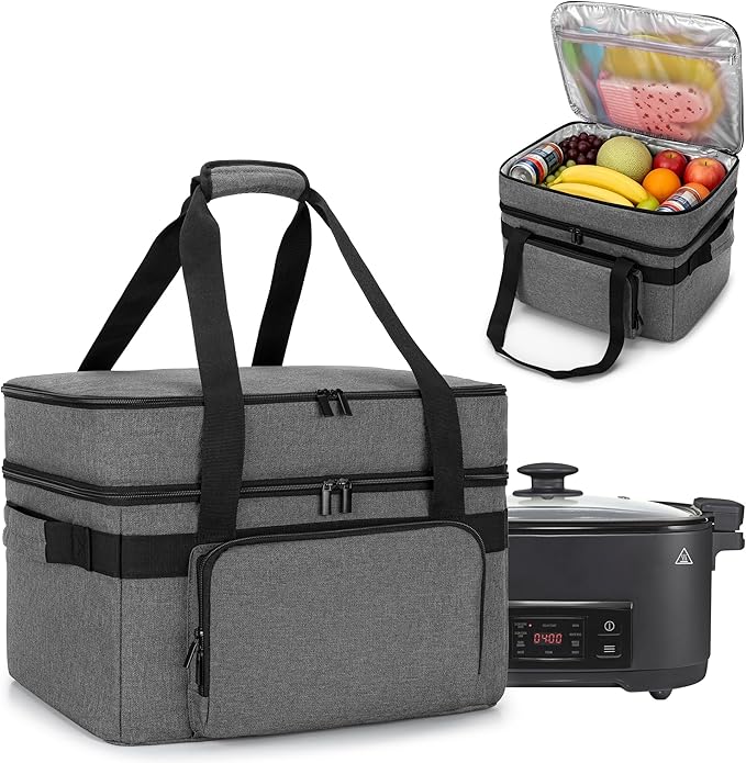 LUXJA Programmable Slow Cooker Carrying Bag Compatible with Hamilton Beach Crock Pot, 6-8 Quart Oval Slow Cooker Carrier for Crockpot with Casserole Dish Section, Gray