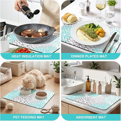 Findosom 2PCS 12" x 20" Dish Drying Mat & 24" x 5.5" Sink Splash Guard, Super Absorbent & Cuttable Dish Mat Drying Kitchen Mat with Teal Floral, Hide Stain Drying Mat for Kitchen Counter