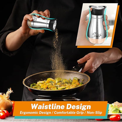 Salt and Pepper Shakers Set with Holder,4 oz Stainless Steel Salt Shaker with Glass Bottom Kitchen Gadgets for Counter Modern Decor Table,RV,Camp,BBQ Refillable Design (Silver)