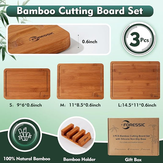 Bamboo Cutting Board, Non Slip Wood Cutting Boards for Kitchen 3 Packs Holder and Over Sink Nice Solid Thick Durable Cutting Boards for Kitchen Large Small Vegetables Fruits Kitchen Gifts (Carbonized)
