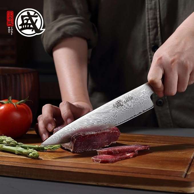 MITSUMOTO SAKARI 8-Inch VG-Pro Damascus Gyuto Knife, Hand Forged Professional Japanese Chef Knife, Ergonomic G10 Handle & Sandalwood Box