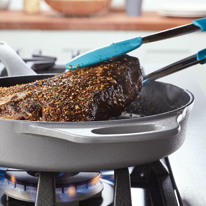 Rachael Ray NITRO Cast Iron Frying Pan/Skillet with Helper Handle and Pour Spouts, 10 Inch, Gray