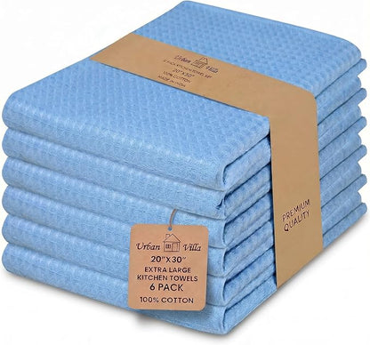 Urban Villa Kitchen Towels Waffle Dish Towels for Kitchen Sky Blue Color Set of 6 Over Sized 18x28 Inches Kitchen Towels Highly Absorbent 100% Cotton Kitchen Hand Tea Towels Dish Cloths