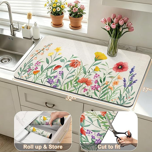 LOKHOM Dish Drying Mat for Kitchen Counter, 17"x32" Absorbent Coffee Bar Mat with Spring Floral, Dish Drainer Rack Mat for Kitchen Counter