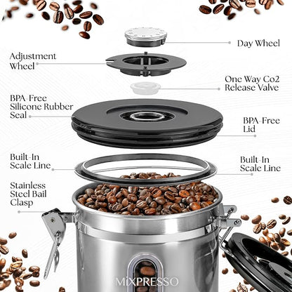 Mixpresso 16 Oz Stainless Steel Coffee Canister with Scoop and Window – Airtight Coffee Container with CO2 Valve for Bean Storage, Date Tracker Lid