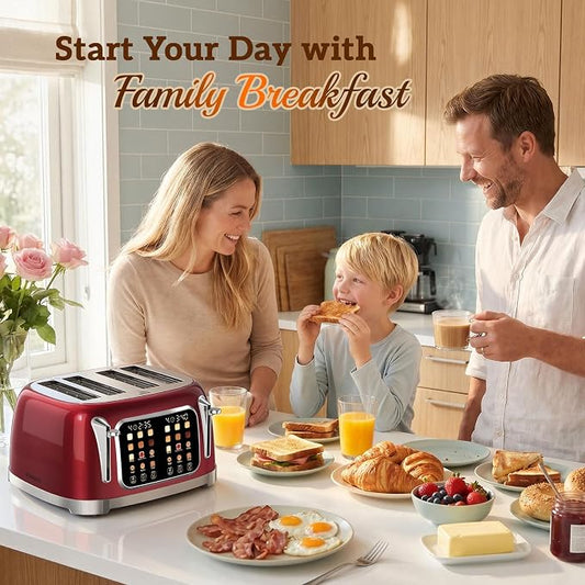 RONGBEST Retro 4 Slice Stainless Steel Toaster with Wide Slot Touch Screen for Family Breakfast, Reheat & Defrost, 6 Browning Levels for Bagel & Bread, Easy Removable Crumb Tray, Red Pearl