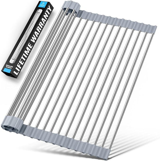 Zulay Kitchen Over The Sink Dish Drying Rack, Roll Up Heavy Duty Stainless Steel Design for Easy Storage & Durability | Dishwasher Safe 17.5” x 12.5