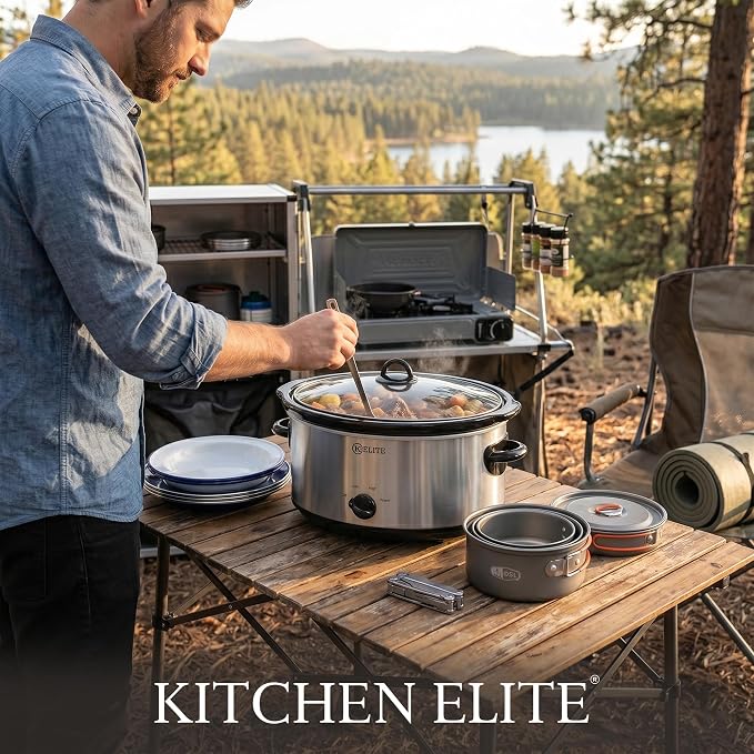 Kitchen Elite 6 Quart Slow Cooker for Large Families, Stainless Steel Crock Pot with 3 Heat Settings, Dishwasher-Safe Ceramic Pot & Tempered Glass Lid