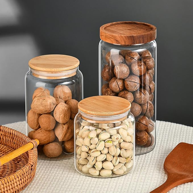 Custde Glass Jar with Lid, 42 FL oz Airtight Glass Storage Jar Glass Food Storage Containers for Kitchen Counter, Pantry, Decorative Jar for Coffee, Sugar, Candy Jar Cute Jar (Bamboo 42 FL OZ)