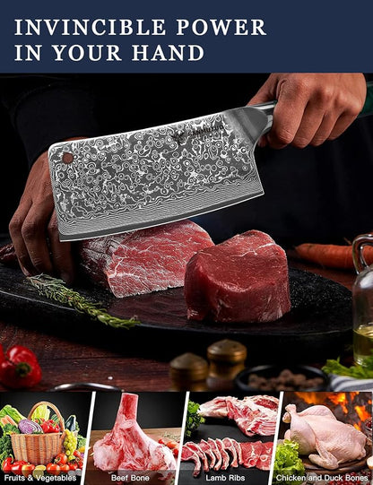 Chopping Knife - 7 inch Cleaver Knife- Xuan Series - VG10 Damascus Steel Kitchen Knife - Resin Handle (Fantasy Orange)