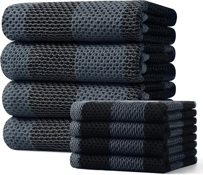 Homaxy Kitchen Towels and Dishcloths Set, 12 x 12 and 20 x 28 Inches, Set of 8 100% Cotton Waffle Weave Check Plaid Kitchen Dish Towels, Super Soft and Absorbent Dish Cloths, Black & Grey