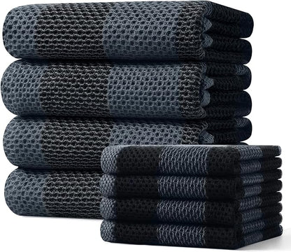 Homaxy Kitchen Towels and Dishcloths Set, 12 x 12 and 20 x 28 Inches, Set of 8 100% Cotton Waffle Weave Check Plaid Kitchen Dish Towels, Super Soft and Absorbent Dish Cloths, Black & Grey