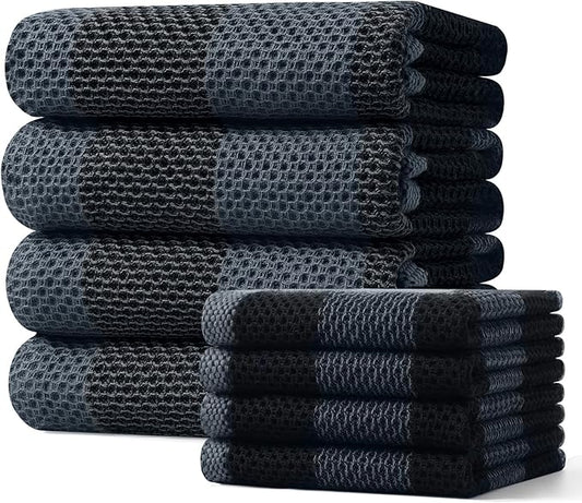 Homaxy Kitchen Towels and Dishcloths Set, 12 x 12 and 20 x 28 Inches, Set of 8 100% Cotton Waffle Weave Check Plaid Kitchen Dish Towels, Super Soft and Absorbent Dish Cloths, Black & Grey