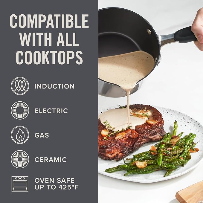 Zakarian x Dash TruPro® Nonstick Stainless Steel Stacking Sauce Pan Set - Compact Cookware Set for Everyday Cooking - Non-Stick, Space-Saving, and Oven-Safe - Black, 6-Piece Set