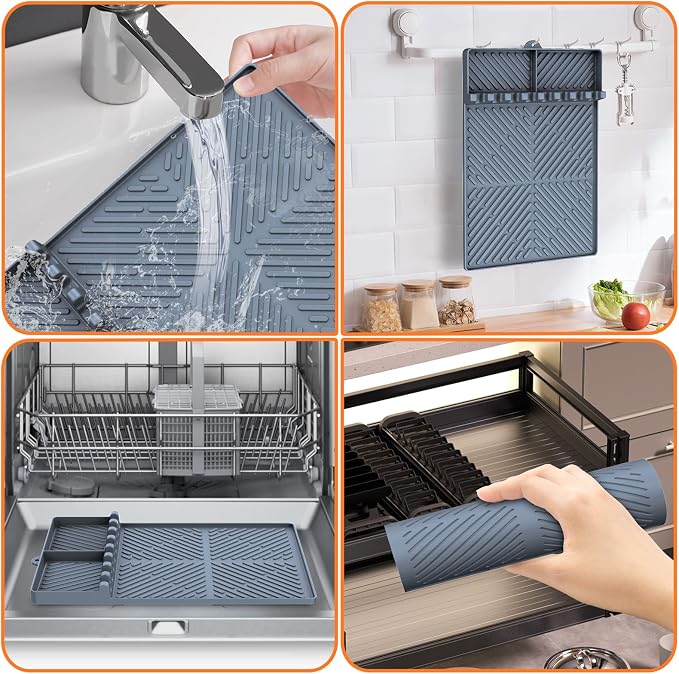 Silicone Griddle Tools - Spatula Mat with Drip Pad & Grill Utensil Holder Side Shelf for Kitchen, Cooking, Countertop, Griddle Accessories - Grey, 2 Pack
