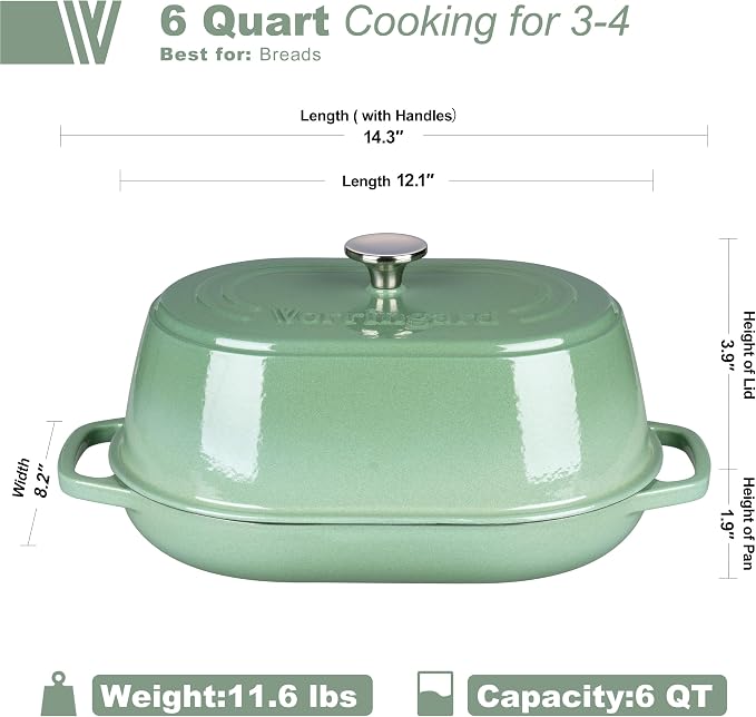VORRINGARD Enameled Cast Iron Dutch Oven Pot with Dome Lid, Oval Bread Oven for Homemade Sourdough Bread Baking, Oven Safe up to 500°F, 6 Quart, Sage Green
