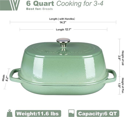 VORRINGARD Enameled Cast Iron Dutch Oven Pot with Dome Lid, Oval Bread Oven for Homemade Sourdough Bread Baking, Oven Safe up to 500°F, 6 Quart, Sage Green