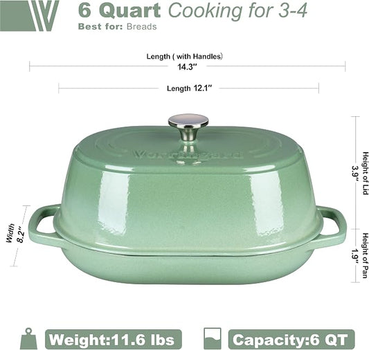 VORRINGARD Enameled Cast Iron Dutch Oven Pot with Dome Lid, Oval Bread Oven for Homemade Sourdough Bread Baking, Oven Safe up to 500°F, 6 Quart, Sage Green
