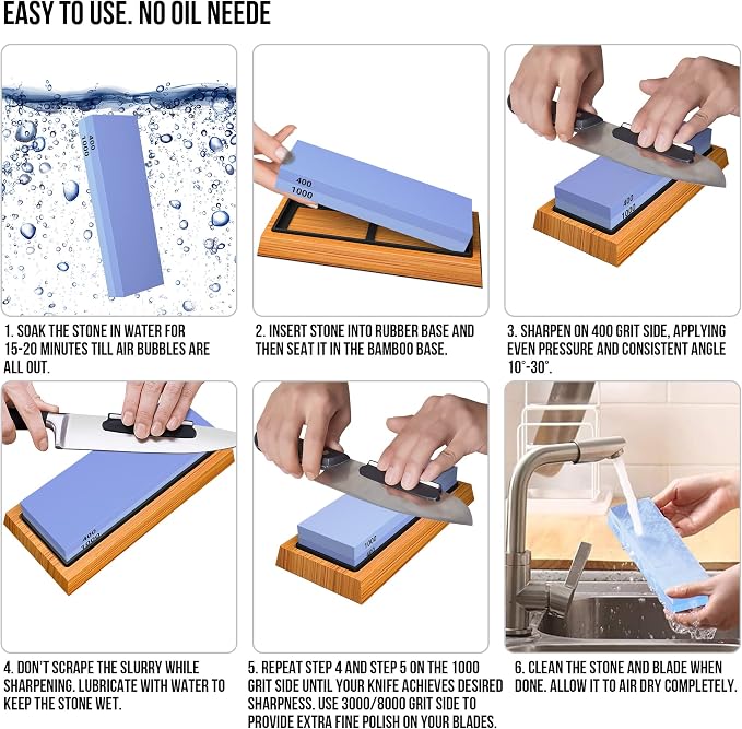 YeopAsda Knife Sharpening Stone Set - Premium 4 Side Grit 400/1000 3000/8000 Whetstone Sharpener Kit - Non-Slip Bamboo Base,Cut Resistant Gloves, Angle Guide,Flatting Stone,Honing Guide,Leather Strop