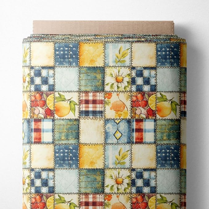 Patchwork Cotton Fabric Panel 61 x 36.6 Inches, Lemon Fruit Quilt Style Pattern, Rustic Blue Yellow Design, 100% Cotton 140 GSM