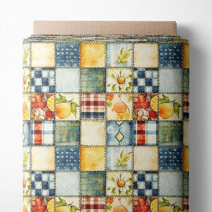 Patchwork Cotton Fabric Panel 61 x 36.6 Inches, Lemon Fruit Quilt Style Pattern, Rustic Blue Yellow Design, 100% Cotton 140 GSM