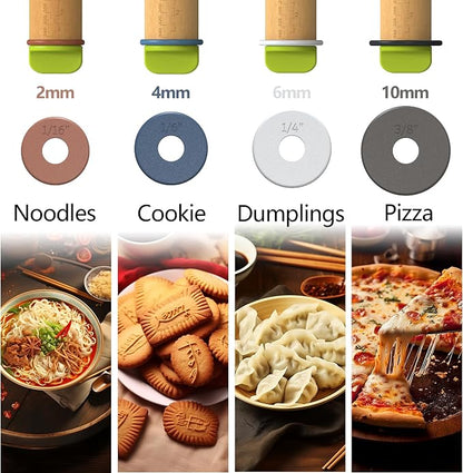 Rolling Pin with Adjustable Thickness Ring, Dough Thickness for Baking, Fondant, Pizza, Crust, Cookies, Pastry, 13.6'' Wooden Rolling Pin with 4 Multi-Color Thickness Rings