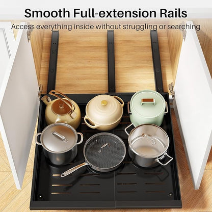 Pull out Cabinet Organizer, 2-Pack Expandable(13.6"-24") Silde out Drawers with Raising Pad for Framed Cabinets, Adjustable Full-Extension Adhesive Roll out Shelves for Kitchen Pantry Home Pot and Pan