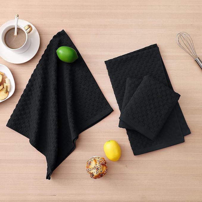 Homaxy 100% Cotton Kitchen Towels and Dishcloths Set, 12 x 12 & 15 x 25 Inches, Set of 16 Bulk Terry Cloth Dish Towels, Super Soft and Absorbent Hand Towel with Hanging Loop, Black