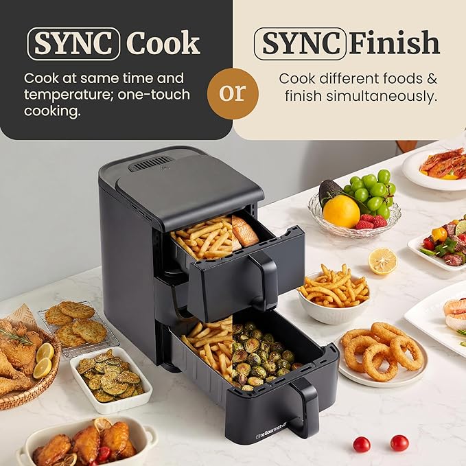 Elite Gourmet EAF6535 Dual Stacked Air Fryer, 10.5 Qt Total Capacity, Family Size, PFAS-Free Dishwasher Safe Nonstick Baskets, Sync Cook & Sync Finish, 10 Presets, 1700W, Black