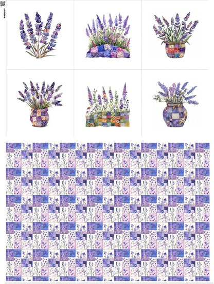 Lavender Patchwork Cotton Fabric Panel – 6 Designs (10×10 inch Each) + Bonus Sheet 29.5×19.6 inch, 100% Cotton 140 GSM, Made in Türkiye