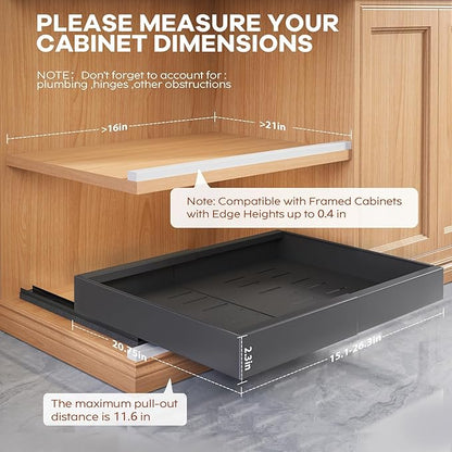 Seinloes 2 Pack Expandable (15.1"-26.3") Pull Out Cabinet Organizer 21" Deep With Raising Pad for Framed Cabinets,Upgrade 3 Slide Rails Slide Out Drawers,No Drill Roll Out Shelves Adhesive,Black