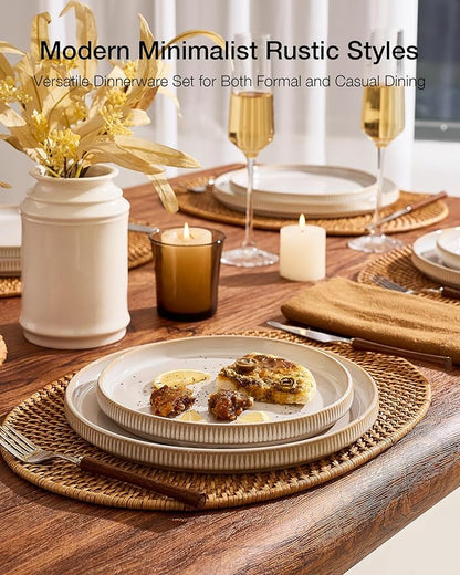 Famiware Star 12-Piece Stoneware Flat Plate Set for 6-10.5" Dinner Plates & 8" Salad Plates, High Edge Dinnerware with Trim, Chip & Scratch Resistant, Microwave & Dishwasher Safe, Cappuccino White