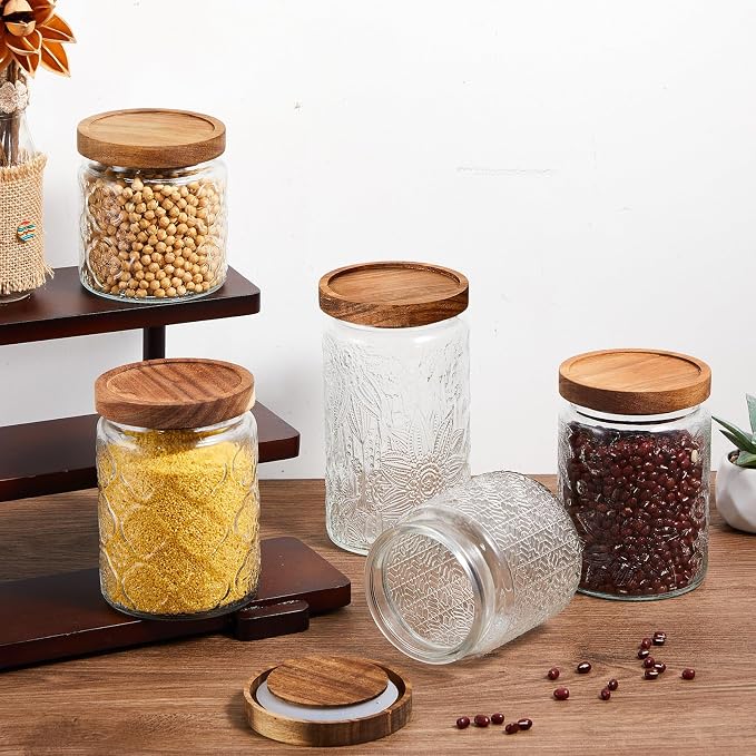 Gerrii Clear 5 Pcs Vintage Glass Food Storage Containers 17/24/34 oz Glass Jar with Lid Airtight Candy Food Canisters for Kitchen Counter Pantry Coffee Beans (Begonia,Sunflower,Window Grilles Round)