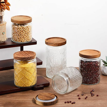 Gerrii Clear 5 Pcs Vintage Glass Food Storage Containers 17/24/34 oz Glass Jar with Lid Airtight Candy Food Canisters for Kitchen Counter Pantry Coffee Beans (Begonia,Sunflower,Window Grilles Round)