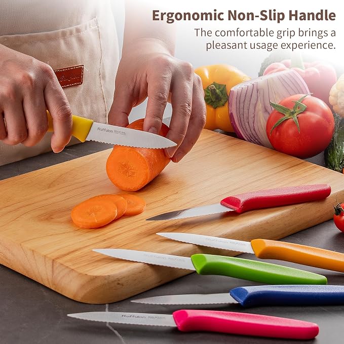 Stainless Steel Paring Knife With Serrated Blade, 6 Pieces Set Vegetable and Fruit Knife, Ultra Sharp Small Kitchen Knife, Colorful Paring Knives with PP Plastic Ergonomic Handle.