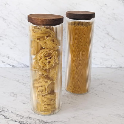 Mason & Fable Ribbed Glass Canisters or Spaghetti Jars with Airtight Wood Lid- Tall Storage Containers for Pasta, Cereal or Flour -Ideal for Kitchen/Pantry Organization - 60 fl.oz, Set of 2