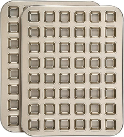 Beasea Square Mini Brownie Bite Pan, 2 Pack 48 Mini Small Tiny Cup All Edges Non Stick Square Cupcake Baking Sheet Tin Tray Carbon Steel Bakeware Individual Muffin Baking Pan - Gold