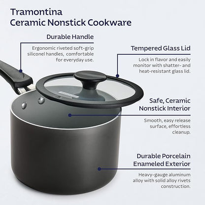 Tramontina Ceramic Non Stick 11-Piece Nesting Pots and Pans Set with Lids - Stackable Nonstick Cookware Set, Dishwasher and Oven Safe, Dark Gray