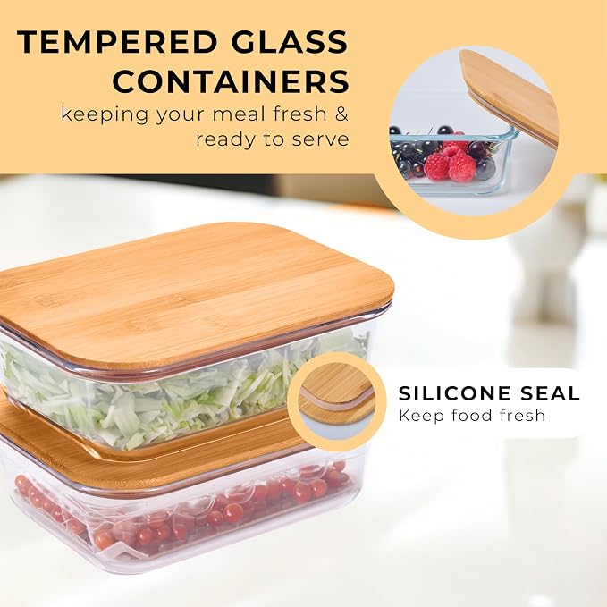 Prosumer's Choice Glass Food Storage Containers with Bamboo Lids (Pack of 2) - Stackable Meal Prep Container - Airtight Glass Food Containers with Lids - Reusable Lunch Pack - 36 Oz