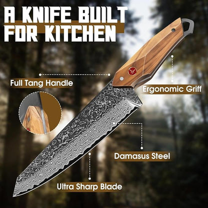 TAN REN Damascus Chef Knife 6 inch with Sheath, Razor Sharp Japanese Kiritsuke Knife, Full Tang Damascus Kitchen Knives with Wooden Handle, Kitchen Gift for Men and Women