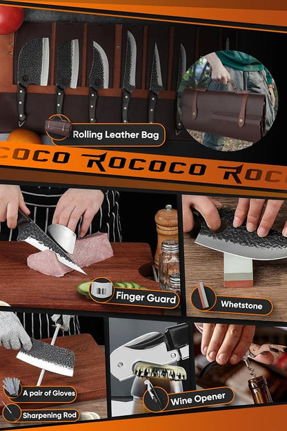 ROCOCO 13PCS Butcher Cleaver Knife Set for Meat Cutting Serbian Chef Viking Boning Knife with Roll Bag for Kitchen Outdoor BBQ Camping Birthday Christmas Father Mother Gift Idea Men