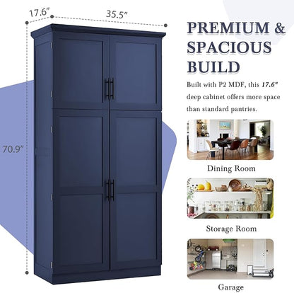 VilroCaz Freestanding Kitchen Pantry Tall Storage Cabinet, Wooden Kitchen Organizers with 4 Doors, 2 Door Shelves, 8 Pull-Out Trays and Adjustable Shelf for Dining Room Living Room (Blue-8.5)