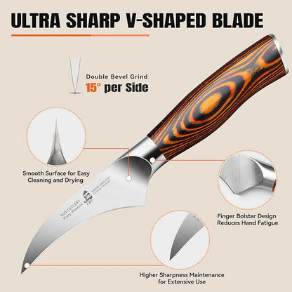 TUO Bird Beak Paring Knife, 2.5 inch Handy Peeling Knife, Curved Small Blade for Fruit & Vegetable, German Stainless Steel, Ergonomic Pakkawood Handle - Fiery Series