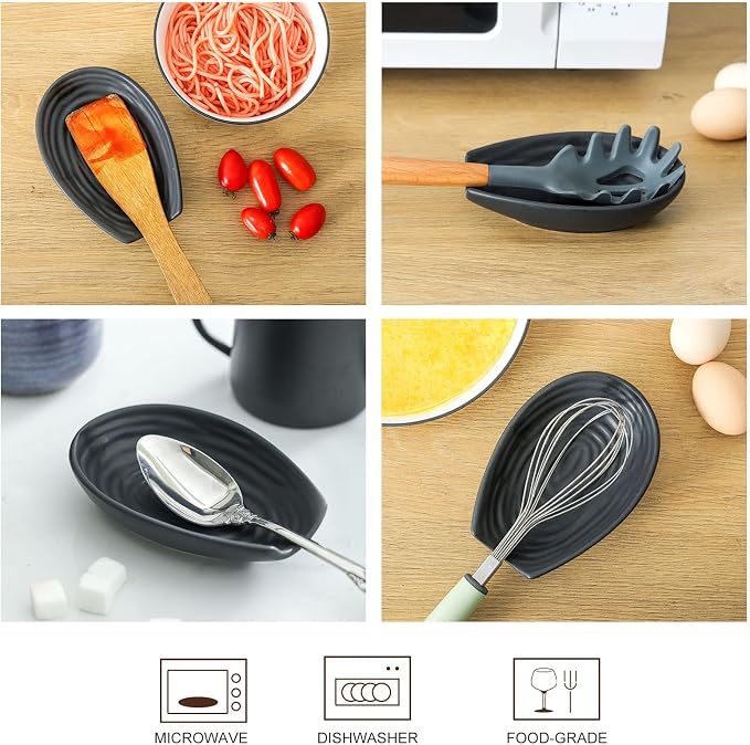Hasense Spoon Rest for Kitchen Countertop and Stove Top, Stable Heat-resistant Spoon Holder for Home Kitchen Coffee Bar Cooking, Matte Black Utensil Rest for Spatula Ladles Tongs, 1 PC