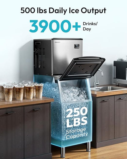 EUHOMY Commercial Ice Maker Machine 500Lbs/24H, SECOP Compressor&ETL Approval, Industrial Ice Machine, 250Lbs Storage, Ice Ready in 8-15 min, Stainless Steel Ice Maker for Bar/Cafe/Restaurant/Business