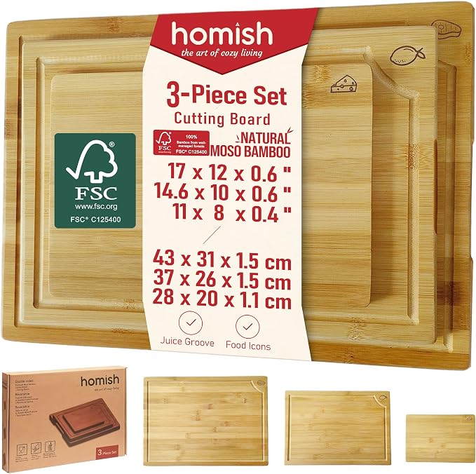 Large Bamboo Cutting Board 3 Piece Set with Juice Groove & Handle - Non Toxic Wood Charcuterie Board & Butcher Block for Meat, Veggies Fruit & Cheese - Kitchen Gift Set by Homish